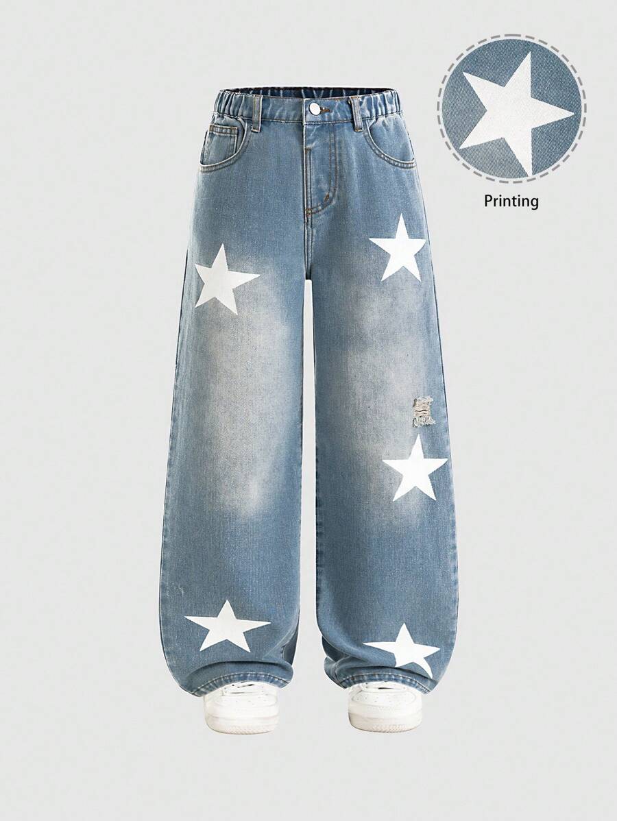 大码男童复古休闲牛仔裤，星星印花，中腰宽松水洗牛仔直筒裤，适合男孩的百搭款式 - 中等水洗藍 - 查看 1