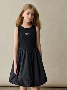 SHEIN Tween Girl Black Summer Casual Birthday Dress With Bow,Daily Versatile Comfortable Round Neck Sleeveless Splicing V-Shaped Waist Knitted Bubble Dress - Black - View 1