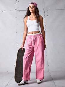 SHEIN Sports 女式撞色腰直筒运动裤 - 粉色 - 查看 6