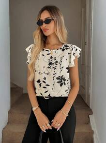 Easowa Boho Women Clothing Spring Floral Shadow Print Ruffle Hem Round Neck Blouse For Women - Khaki - View 1