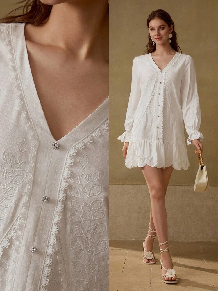 LINEN EMBROIDERY RUFFLE HEM DRESS