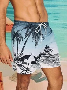 Manfinity Swimmode 男士松紧腰抽绳宽松休闲棕榈树印花沙滩裤