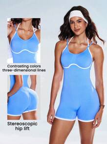 Eassivo Women's Athletic Light Blue Sports Jumpsuit, Sleeveless Spaghetti Strap Short Romper With Stylish White Contrast Binding, Perfect For Yoga, Gym, And Active Living.