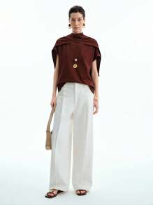 Aalyst Poncho Elegante Feminino, Casual, Adequado para Férias, Formatura, Dia da Independência, Verão, Minimalista, Estilo Vintage, Camiseta Marrom Café - Café - Visão 4