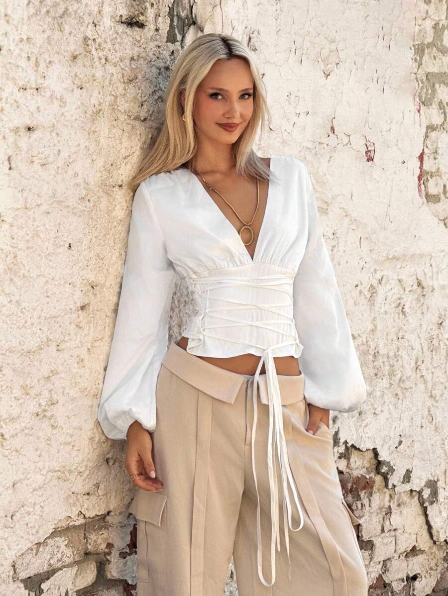 SHEIN ICON Deep V-Neck Lantern Sleeve Tie-Waist Women's Blouse - White - View 1