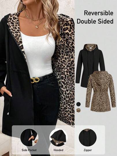 Enliva Plus Size Women Leopard Print   Long Sleeve Pockets Casual Hooded Reversible Double Sided Coat,Fall Women Clothes,Leopard Print,Cheetah Print,Fall,Winter Clothes For Women,Vintage,Going Out Outfits,Fall Clothes For Women,Fall Outfits,Winter Jacket,Trench Coat,Winter Jacket For Women,2025 New Reversible Leopard Print Jacket Autumn