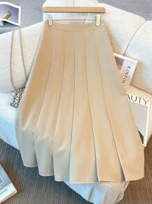 Pariaura Women's Khaki Casual Long Woven Fabric Pleated Skirt With Zipper Detail Elegant Skirt Elegant Midi Skirt Women Clothing Elegant Fall Cloth For Women