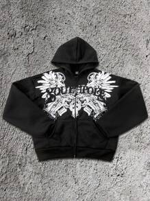 Manfinity Dauomo 男士复古时尚超大码 Y2K 哥特式印花拉链卫衣，春秋装，Emo 风格，2000 年代风格 - 黑色 - 查看 1