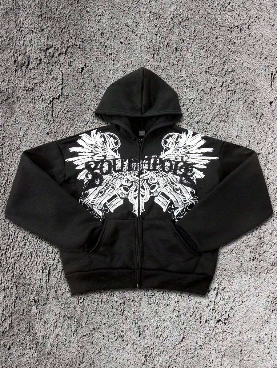 Manfinity Dauomo 男士复古时尚超大码 Y2K 哥特式印花拉链卫衣，春秋装，Emo 风格，2000 年代风格 - 黑色 - 查看 1