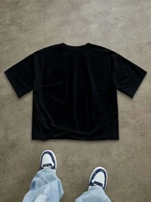 Manfinity Roghcode 男士休闲印花宽松短袖T恤，夏季 - 黑色 - 查看 3