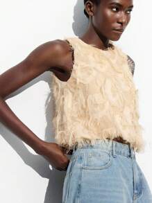 Maija 女士米色提花面料圆领荷叶边下摆羽毛装饰时尚休闲波西米亚风度假风背心，适合秋季、假日、海滩、复古、万圣节、秋季派对等场合。 - 杏色 - 查看 6