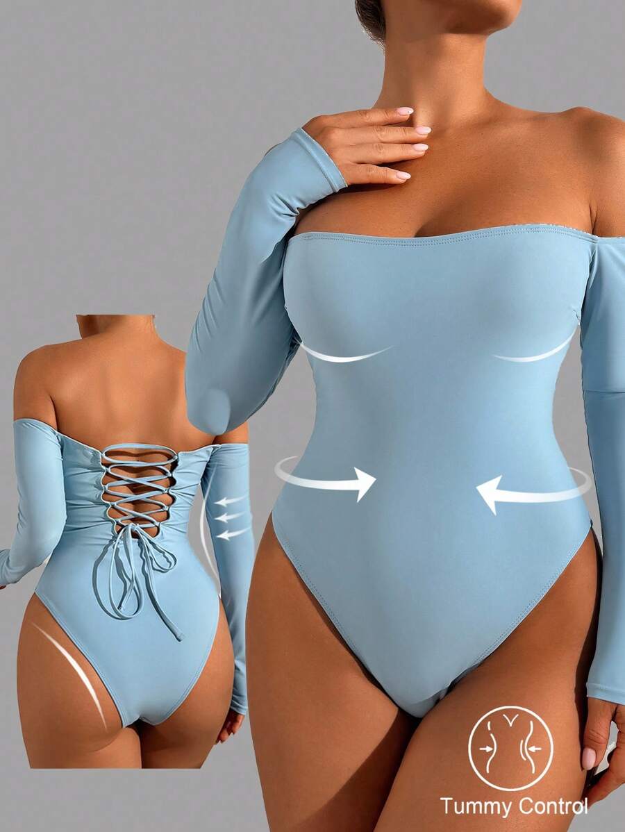 Shapewave 1pc Women's Sexy Fashion Detachable Strap One-Piece Swimsuit With Detachable Pad, Long Sleeve For Summer Beach Vacation - Blue - View 1