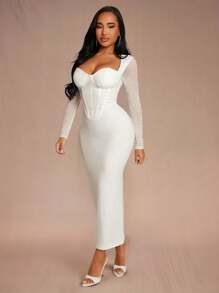 SHEIN SXY Plus Size Women's Spring & Summer Elegant Sexy Daily Basic Handmade Beading Romantic White High Stretch Knitted Patchwork Mesh Corset Style Bodycon Long Dress Halloween Lace - White - View 6