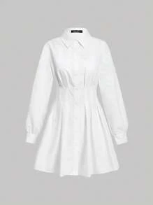 SHEIN Tween Mädchen Lässig Schule/Pendler Mode Tailliertes Plissee Taille Ausgestellter Kragen Knopfleiste Langarm Webkleid in Weiß, Rückkehr zur Schule Kleid - Weiss - Übersicht 2