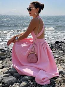 SHEIN 女士纯色露背无袖方领夏季优雅连衣裙 - 西瓜粉 - 查看 3