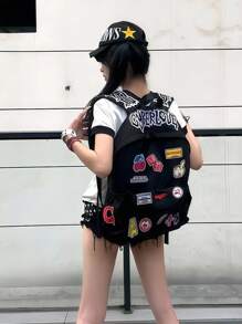 ROMWE Anime Punk Academy Style Graffiti Multi-Patch Letter Cherry Angel Arrow Target Embroidery Thorn Print Strap Backpack, Unisex Large Capacity Commuter Bag, School Backpack