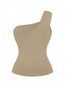 DreamSkyne 大码女式优雅不对称金属扣装饰修身修身黑色衬衫 - 杏色 - 查看 2