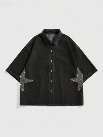 Street Life Camisa vaquera de hombre con decoración de estrella de cinco puntas con pedrería