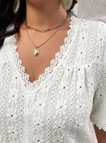 Nubod Camiseta de punto jacquard de manga corta y cuello en V para uso casual de diario, talla grande, verano