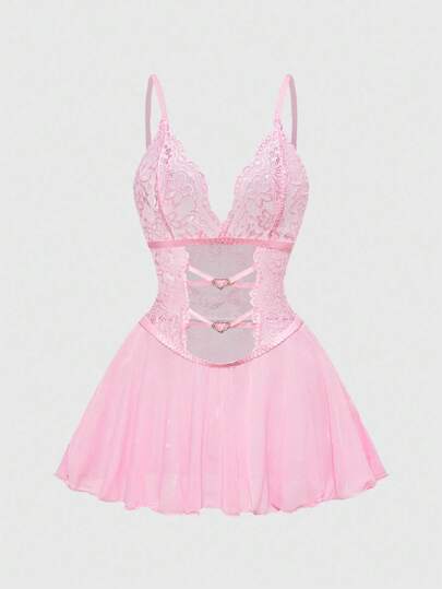 Kawaii Vestido sexy para mujer con parches de encaje y malla, con forma de corazón hueca