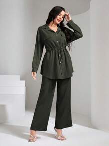 Graceveil Flap Pocket Drawstring Waist Shirt & Wide Leg Pants 2 Pieces Set Modest - Army Green - View 7