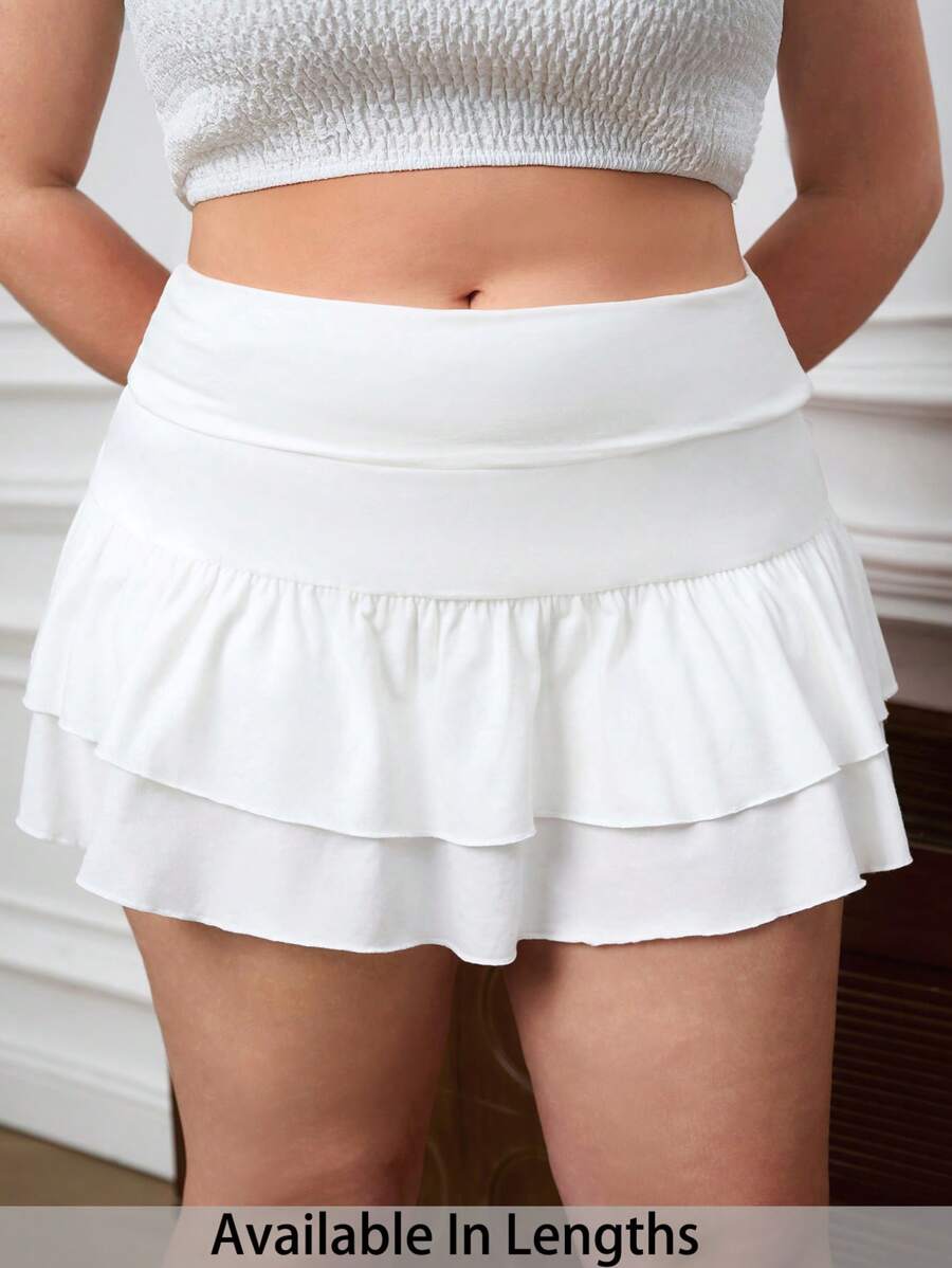 SHEIN Tall CURVE 夏季大码纯色多层休闲迷你裙 - 白色 - 查看 1