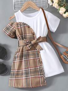 SHEIN 年轻女孩不对称格子拼接短袖休闲连衣裙，度假，夏季，旅行