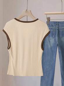 Vionelle 大码女式针织拼色圆领落肩修身优雅高端浪漫T恤