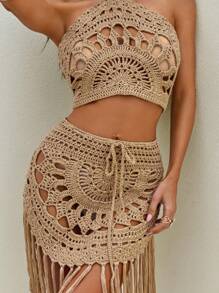 Bonvoyette Bộ áo yếm họa tiết hoa hướng dương cong và váy che phủ tua rua móc cho nữ - Màu be - Xem 7