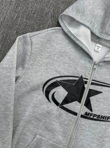 SHEIN Bolty 青少年男童 1 件套休闲运动街头舒适百搭保暖超高性价比宽松休闲连帽大 Logo 几何图案中分口袋连帽卫衣；秋冬季；秋冬季青少年拉链卫衣灰色拉链卫衣；返校季； - 灰色 - 查看 5