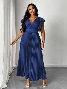 Maweii Plus Size Solid Color V-Neck Ruffle Sleeve Pleated Midi Dress - Navy Blue - View 3