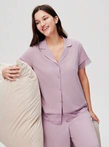 LUVLETTE Bộ đồ ngủ mùa hè cho nữ, chất liệu 100% cotton nguyên chất, thoáng khí, màu hồng tím nhạt, phối ren thanh lịch, kiểu dáng rừng sương, gồm áo ngắn tay cài cúc và quần dài, kiểu dáng thoải mái, thoáng mát, có túi, thích hợp cho không gian sống lãng mạn và ấm cúng tại nhà. - Màu tím - Xem 8