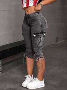 SHEIN EZwear 女式休闲水洗侧抽绳修身工装牛仔裤 - 淺灰色 - 查看 6