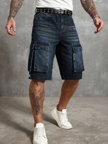 Manfinity Roughcore Men's Two-Tone Pocket Casual Loose Fit Denim Bermuda Shorts Washed Denim Cargo Shorts - Dark Wash - View 6