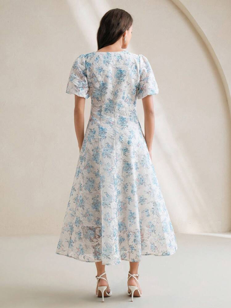 優雅な刺繍プリント パフスリーブ ロングドレス、フレンチスタイル、ブルー色