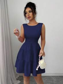 Elenzga 女士优雅纯色珍珠链蝴蝶结装饰连衣裙 - 寶藍色 - 查看 8