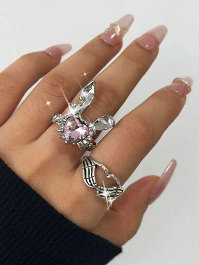 Kawaii 2pcs Y2k Cute Bunny Rhinestone Inlaid, Punk Finger Ring Set, Jewelry Gift