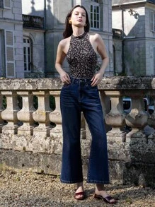 lacRébo Women Casual Mid-Wash Flared Cotton Denim Jeans Going Out Outfits Chic Outfits Autumn Winter