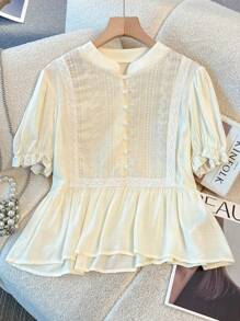 Florisole 女式夏季休闲波西米亚花卉刺绣蕾丝拼布宽松圆领短袖杏色衬衫