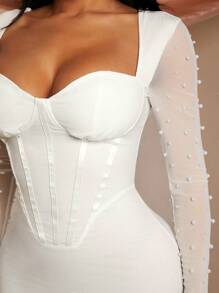 SHEIN SXY Plus Size Women's Spring & Summer Elegant Sexy Daily Basic Handmade Beading Romantic White High Stretch Knitted Patchwork Mesh Corset Style Bodycon Long Dress Halloween Lace - White - View 1