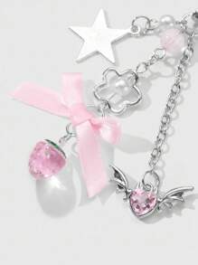 ROMWE Kawaii 1pc Stylish & Versatile Sliver Chain Necklace Pendant With Pearl, Rhinestone Star Wings, Heart, Flower, Bow, Strawberry Decor, Suitable For Women, Girls Daily Wear Or Festival Gift