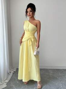 Rafferiza 女式简约纯色褶皱收腰连衣裙，夏季 - 黃色 - 查看 5