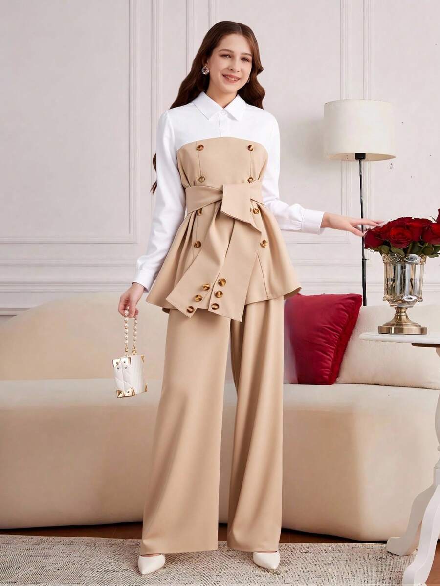 Teenage Girl Turn-Down Collar Color Block Belted Long Sleeve Top And Solid Color Pants Set - Khaki - View 1