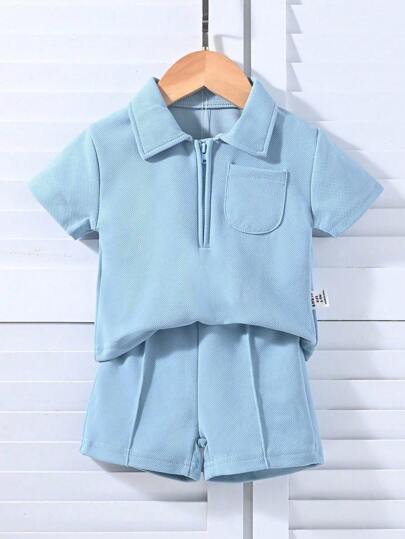 SHEIN Playful Pals 2pcs Infant Unisex Casual Sports Comfy Classic Green Polo Shirt & Pants Set, Stylish, Chic, Suitable For Daily Wear, Vacation, Travel, School, Gathering, Spring/Summer