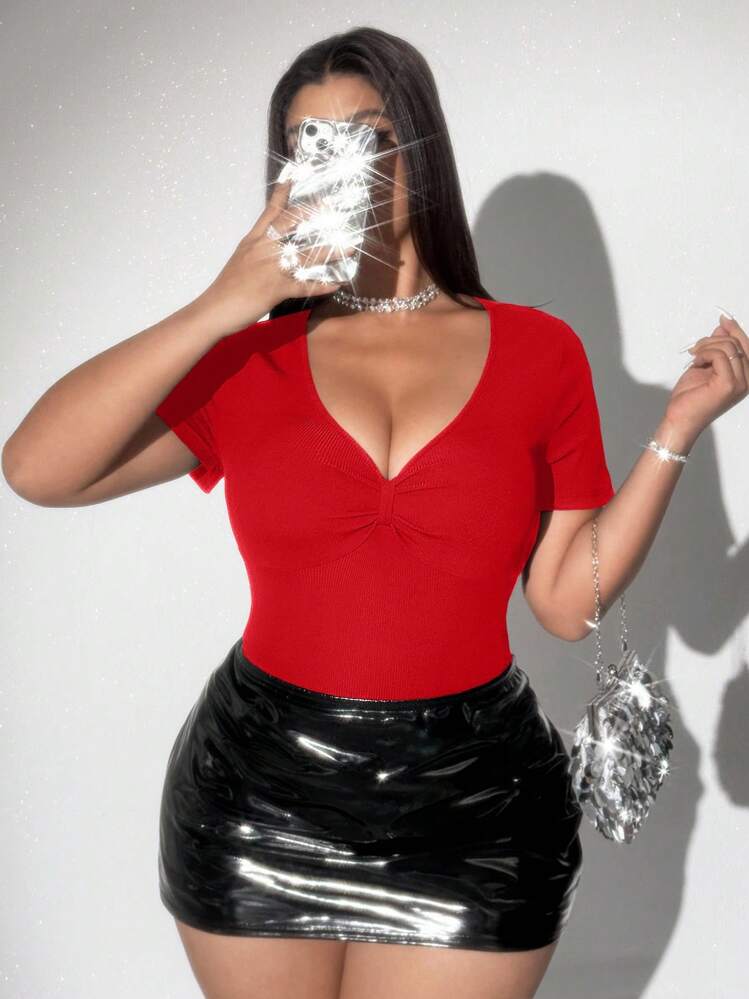 Viva Relle Body de escote en V profundo con textura para mujer de talla grande - Rojo - Añade 5