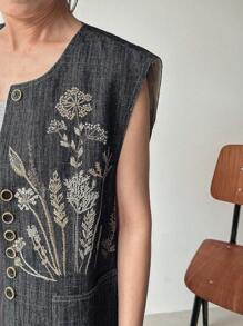 FRIFUL 女式休闲花卉刺绣前扣牛仔衬衫，夏季 - 藍色 - 查看 2