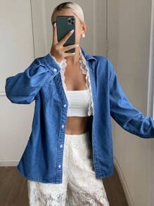 Livesso 女士牛仔上衣，领口和袖口饰有蕾丝花边，牛仔外套，秋季女装长袖 - 藍色 - 查看 3