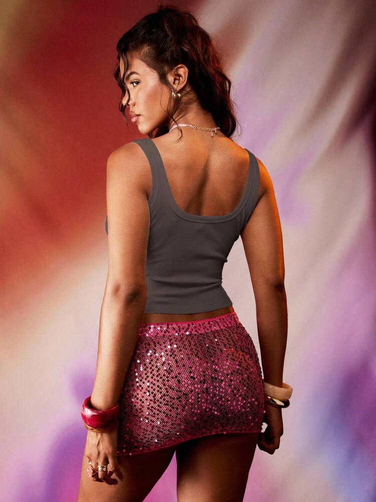 MISSGUIDED Geripptes Trägertop mit Seestern-Verzierung, sommerliches ärmelloses Crop Top mit Rundhalsausschnitt, Kristall-Perlen, Lässig Urlaubs-Resort-Top