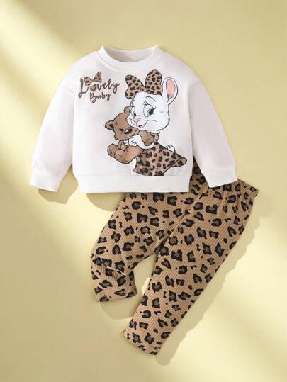 SHEIN Playful Pals 2 件套女婴长袖可爱兔子和熊印花运动衫 + 豹纹裤，休闲户外套装，春秋