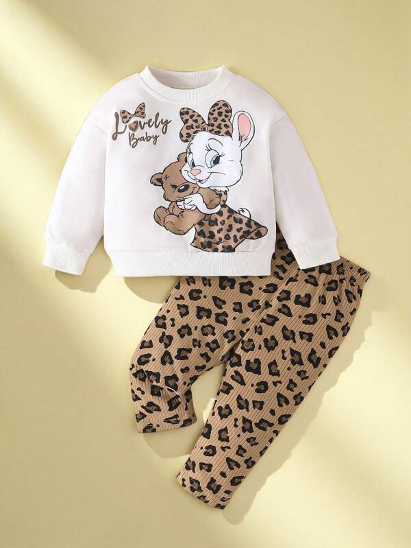 SHEIN Persoplay Kids 2pcs/Set Baby Girl Long Sleeve Cute Rabbit & Bear Print Sweatshirt + Leopard Print Pants, Casual Outdoor Suit, Spring/Autumn